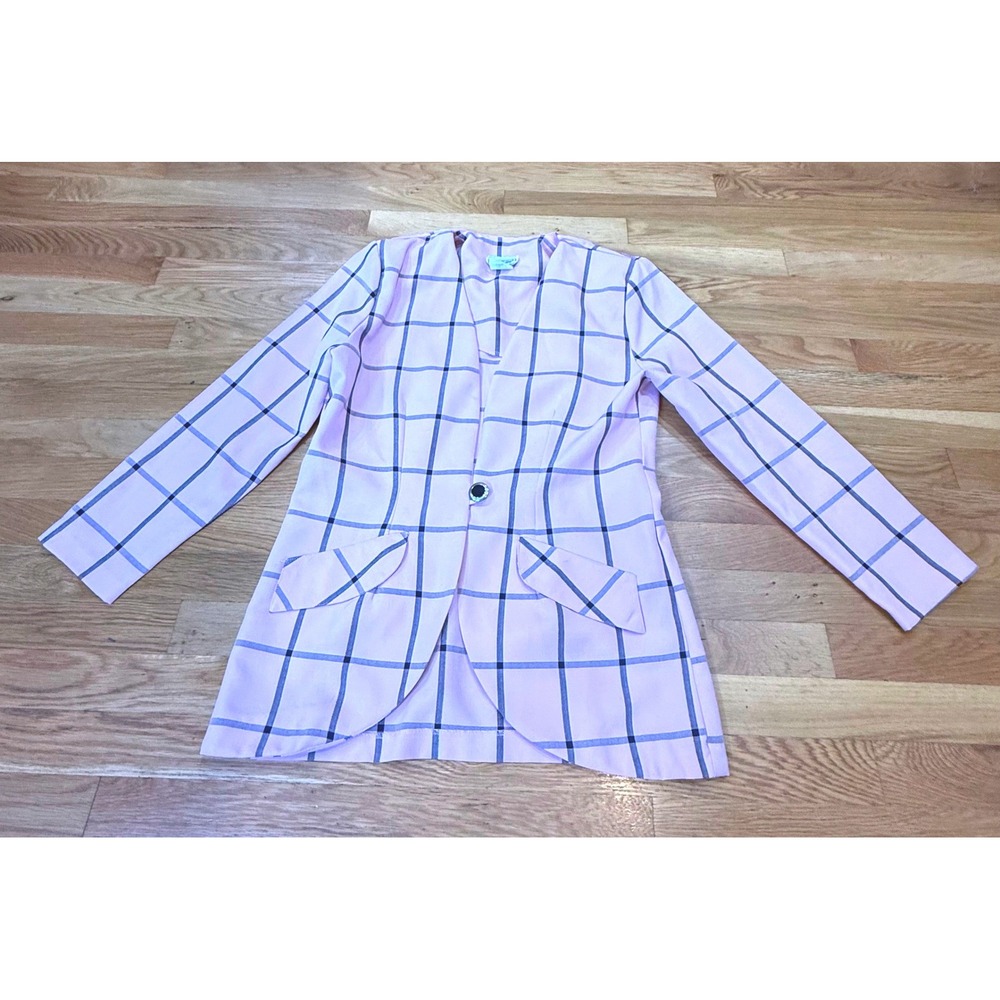 Vintage Cary Robbins Pink Black Windowpane Plaid Collarless Blazer Jacket Size 8